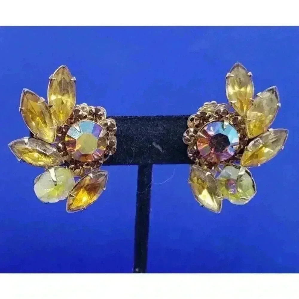 Big Earrings Rhinestone AB Gold Molded Glass Statement Beau Jewels